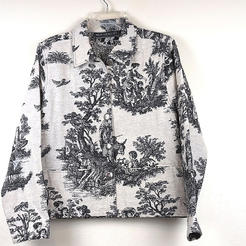 New Identity Black and Cream Toile Tapestry Lagenlook Button Front Jacket Size L
